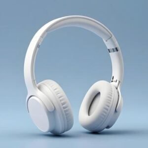 Home modern white over ear headphones displayed against a clean soft blue background photo